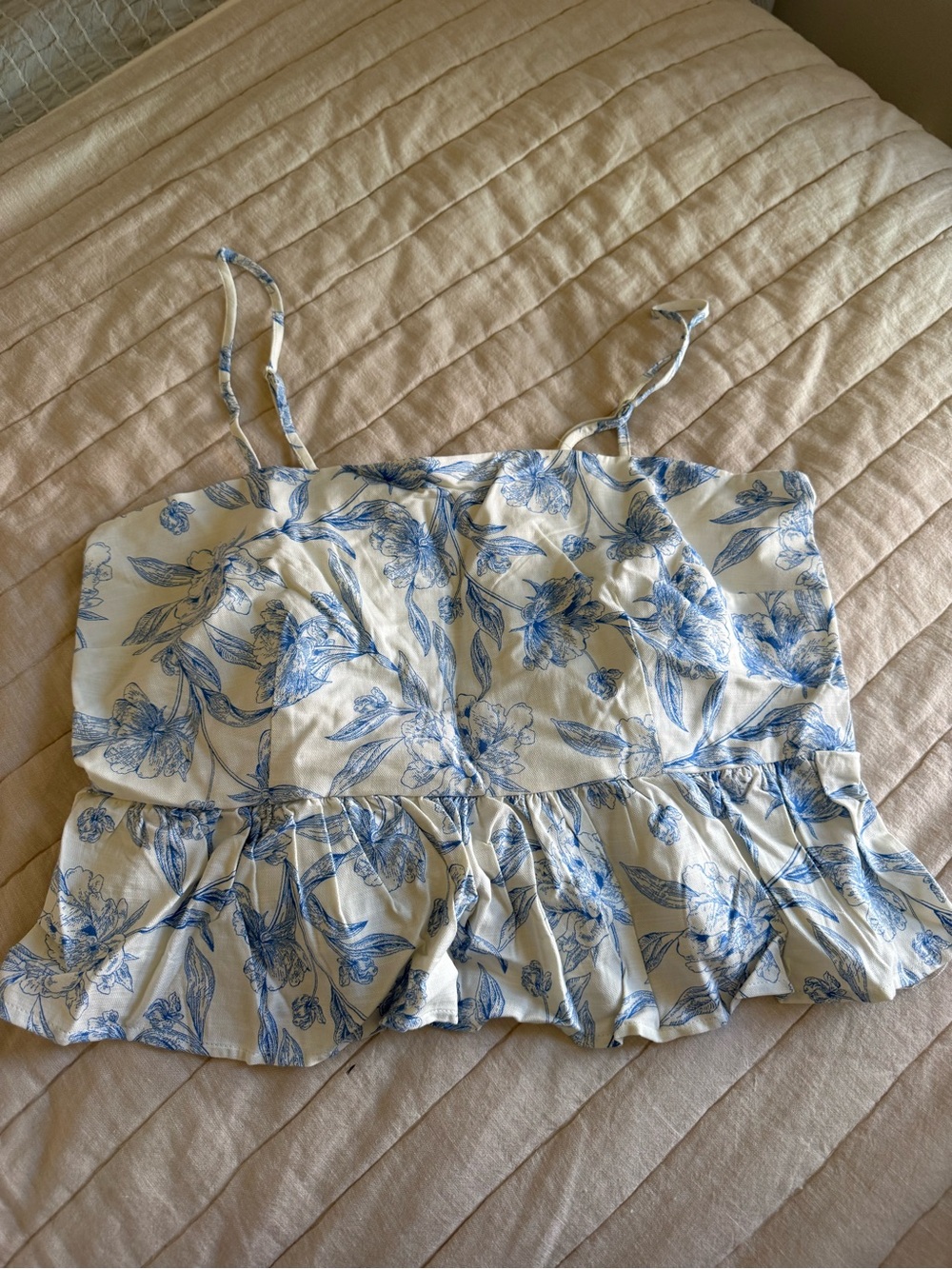 a new day White and Blue Floral Ruffle Cropped Cami